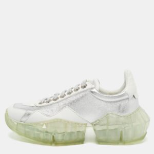 Jimmy Choo Silver/White Leather Diamond Lace Up Sneakers Size 35