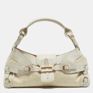 Jimmy Choo White/Beige Leather and Raffia Tulita Shoulder Bag
