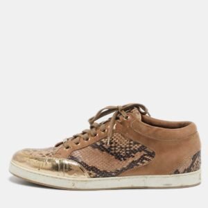 Jimmy Choo Beige Python Embossed Leather and Suede Miami Lace Up Sneakers Size 40