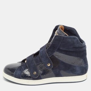 Jimmy Choo Navy Blue Suede and Patent Yazz High Top Sneakers Size 36.5