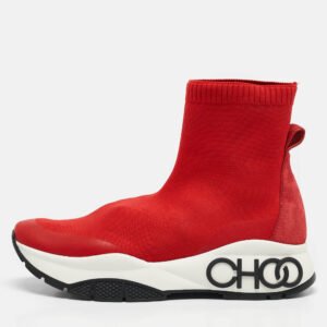 Jimmy Choo Red Knit Fabric and Suede Raine Sock Sneakers Size 38