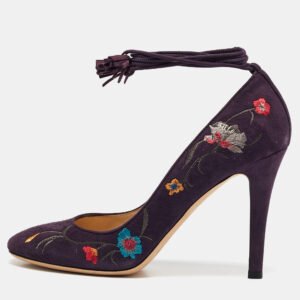 Jimmy Choo Purple Suede Floral Embroidered Chelan Ankle Wrap Pumps Size 40