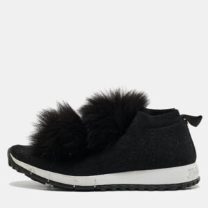 Jimmy Choo Black Knit Fabric and Fur Pom Pom Norway Slip On Sneakers Size 37