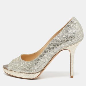 Jimmy Choo Silver Glitter Dahlia Peep Toe Pumps Size 38