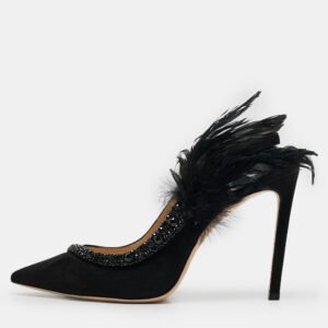Jimmy Choo Black Suede and Feather Tacey Slingback Pumps Size 38.5