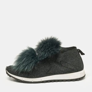 Jimmy Choo Green Fur and Lurex Fabric Norway Pom Pom Sneakers Size 40