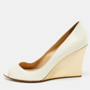 luxury-women-jimmy-choo-used-shoes-p1138457-002 Jimmy Choo Off White Patent Leather Peep Toe Wedge Pumps Size 38.5