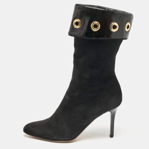Jimmy Choo Black Patent Leather and Suede Eyelet Mid Calf Boots Size 36