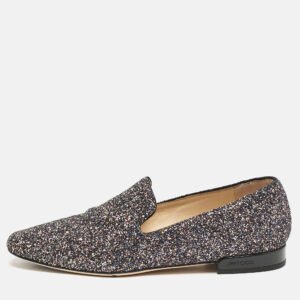 Jimmy Choo Black/Silver Glitter Jaida Smoking Slippers Size 37