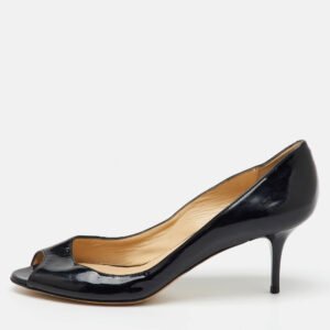 Jimmy Choo Black Patent Leather Peep Toe Pumps Size 37.5