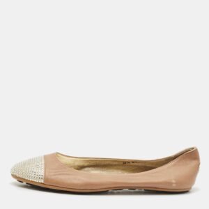 Jimmy Choo Beige/Gold Leather Waine Crystal Embellished Cap Toe Ballet Flats Size 38.5