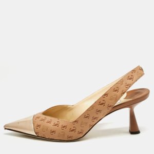 Jimmy Choo Beige Logo Embossed Leather And Patent Sling Back Pumps Size 41
