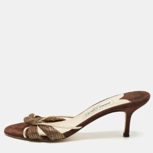 Jimmy Choo Brown/Gold Fabric and Leather Slide Sandals Size 38.5