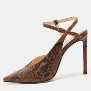 Jimmy Choo Brown Python Embossed Leather Pointed Toe Slingback Pumps Size 37.5