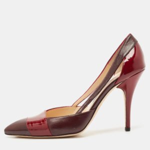 Jimmy Choo Burgundy/Red Patent and Leather Cut Out Pumps Size 38.5