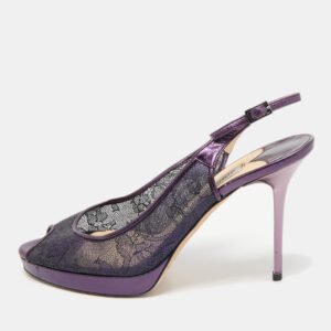 Jimmy Choo Purple Mesh and Leather Peep Toe Platform Slingback Sandals Size 38.5