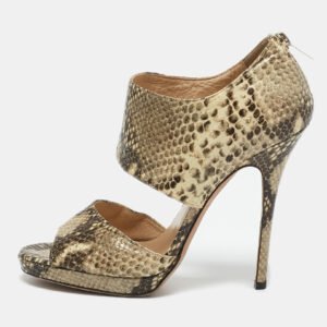 Jimmy Choo Beige/Black Python Embossed Leather Ankle Strap Sandals Size 39.5