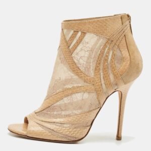 Jimmy Choo Beige Snakeskin Leather and Lace Ankle Length Boots Size 39