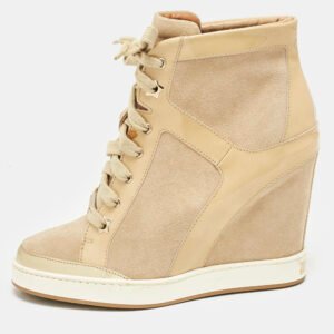 jimmy choo beige suede and patent leather panama wedge sneakers size 37.5