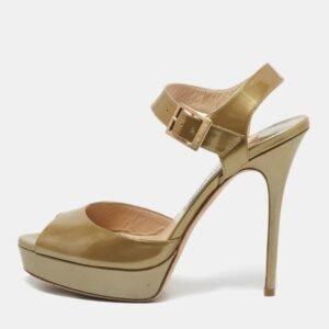 Jimmy Choo Metallic Green Patent Leather Platform Linda Ankle Strap Sandals Size 39.5