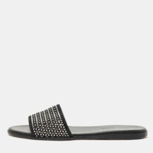 Jimmy Choo Black Leather and Suede Studded Minea Flat Slides Size 41