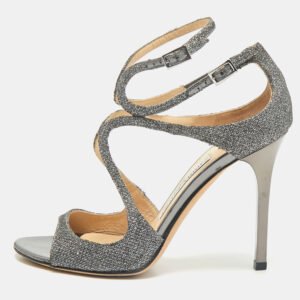 Jimmy Choo Grey Lurex Fabric Azia Ankle Strap Sandals Size 36