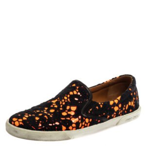 Jimmy Choo Black/Neon Orange Lace and Patent Leather Demi Slip-On Sneakers Size 39.5