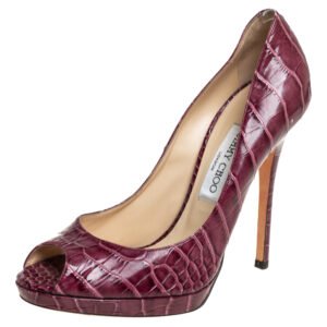 luxury-women-jimmy-choo-used-shoes-p459455-006 Jimmy Choo Burgundy Croc Embossed Leather Peep Toe Pumps Size 39