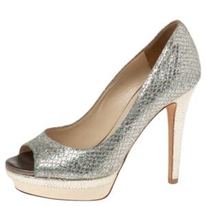 Jimmy Choo Silver Glitter Fabric Dahlia Platform Peep Toe Pumps Size 35