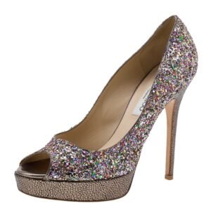 Jimmy Choo Multicolor Glitter Vibe Peep Toe Platform Pumps Size 38.5