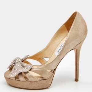 Jimmy Choo Beige Suede Talva Crystal Embellished Bow Peep Toe Platform Pumps Size 37