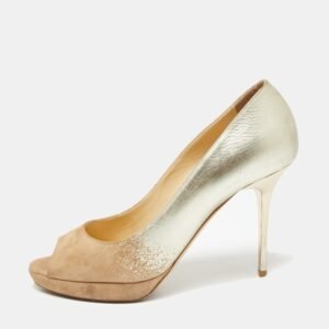 Jimmy Choo Beige/Gold Suede and Leather Peep-Toe Platform Pumps Size 37.5