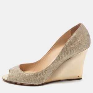 Jimmy Choo Gold Coarse Glitter Baxen Wedge Pumps Size 38