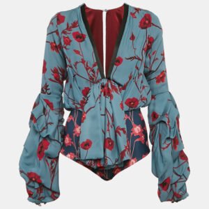Johanna Ortiz Blue Floral Print Silk Blend Bow Detail Bodysuit XS