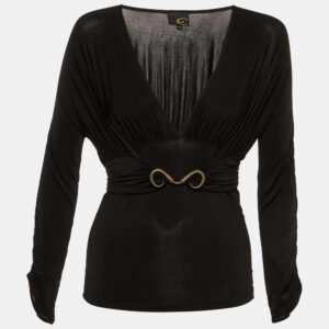 Just Cavalli Black Jersey Gathered Brooch Detail V-Neck Top M