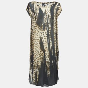 Just Cavalli Brown Leopard Print Silk Sheer Midi Dress S