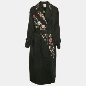 Kate Spade Black Floral Embroidery Gabardine Belted Trench Coat M