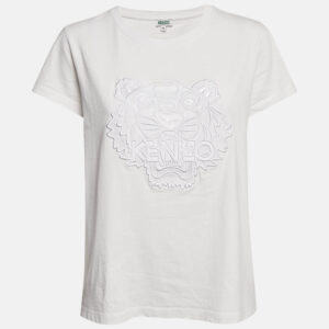 Kenzo White Logo Embroidered Cotton Half Sleeve T-Shirt M