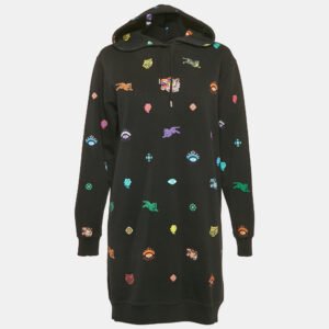 Kenzo Black Tiger Print Cotton Knit Hooded Mini Dress S
