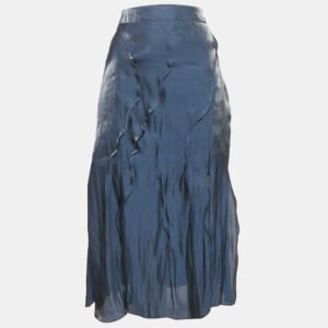 Kenzo Navy Blue Satin Wavy Pin Tucked Midi Skirt M