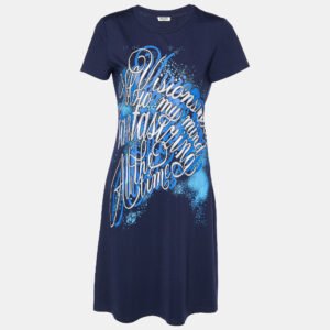 Kenzo Navy Blue Printed Cotton Knit Mini Dress L