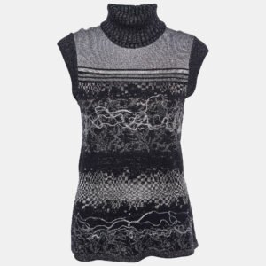 Kenzo Black Intarsia Lurex Knit Sleeveless Turtleneck Sweater L