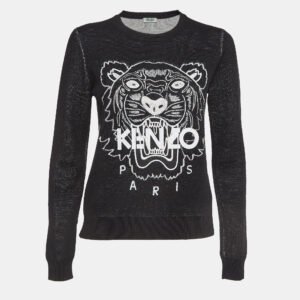 Kenzo Black Tiger Logo Embroidered Wool Blend Crew Neck Sweater S