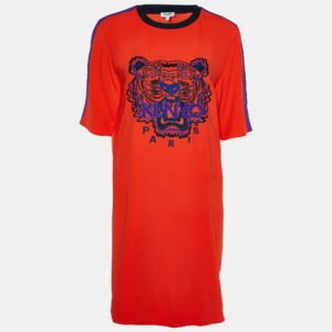 Kenzo Orange Crepe Tiger Motif Embroidered Shift Dress XS