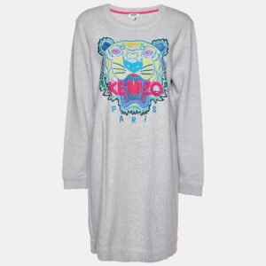 Kenzo Grey Cotton Tiger Embroidered Sweater Dress XL