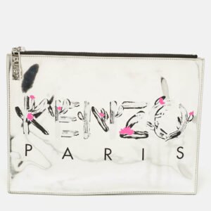 Kenzo Silver Patent Leather Logo Printed Zip Pouch