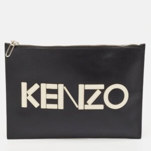 Kenzo Black Leather Logo Zipped Pouch