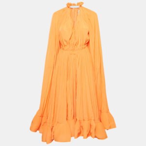 Lanvin Orange Crepe Ruffled Cape Style Charmeuse Midi Dress S