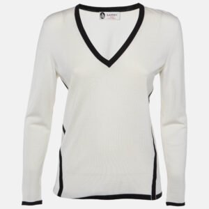 Lanvin White Contrast Trim Wool Knit V-Neck Sweater S