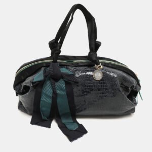 luxury-women-lanvin-used-handbags-p1139113-008 Lanvin Blue/Black Croc Embossed Leather and Satin Top Zip Satchel